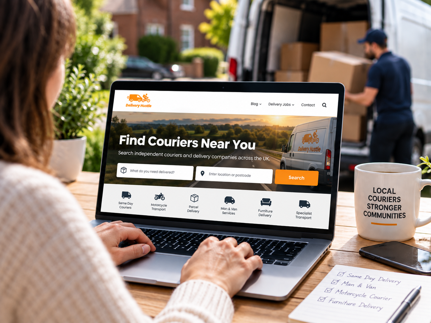 a woman searching for courier businesses on delivery hustle - find couriers near you