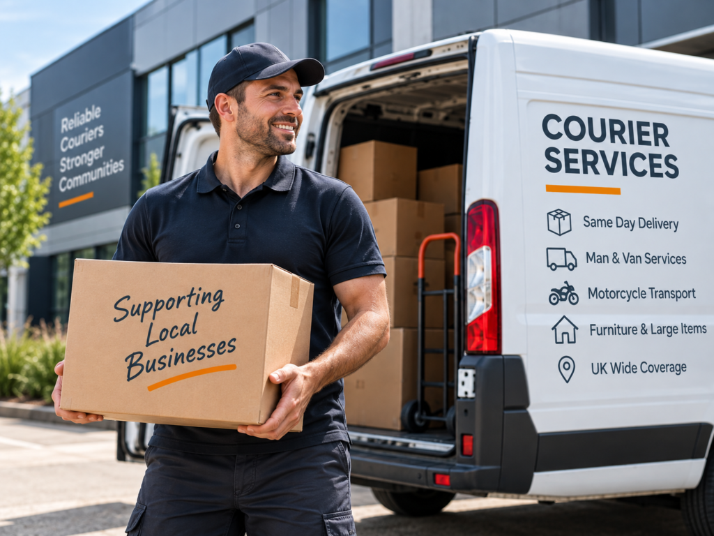a smiling courier unloading a box from a van - list your courier business for free